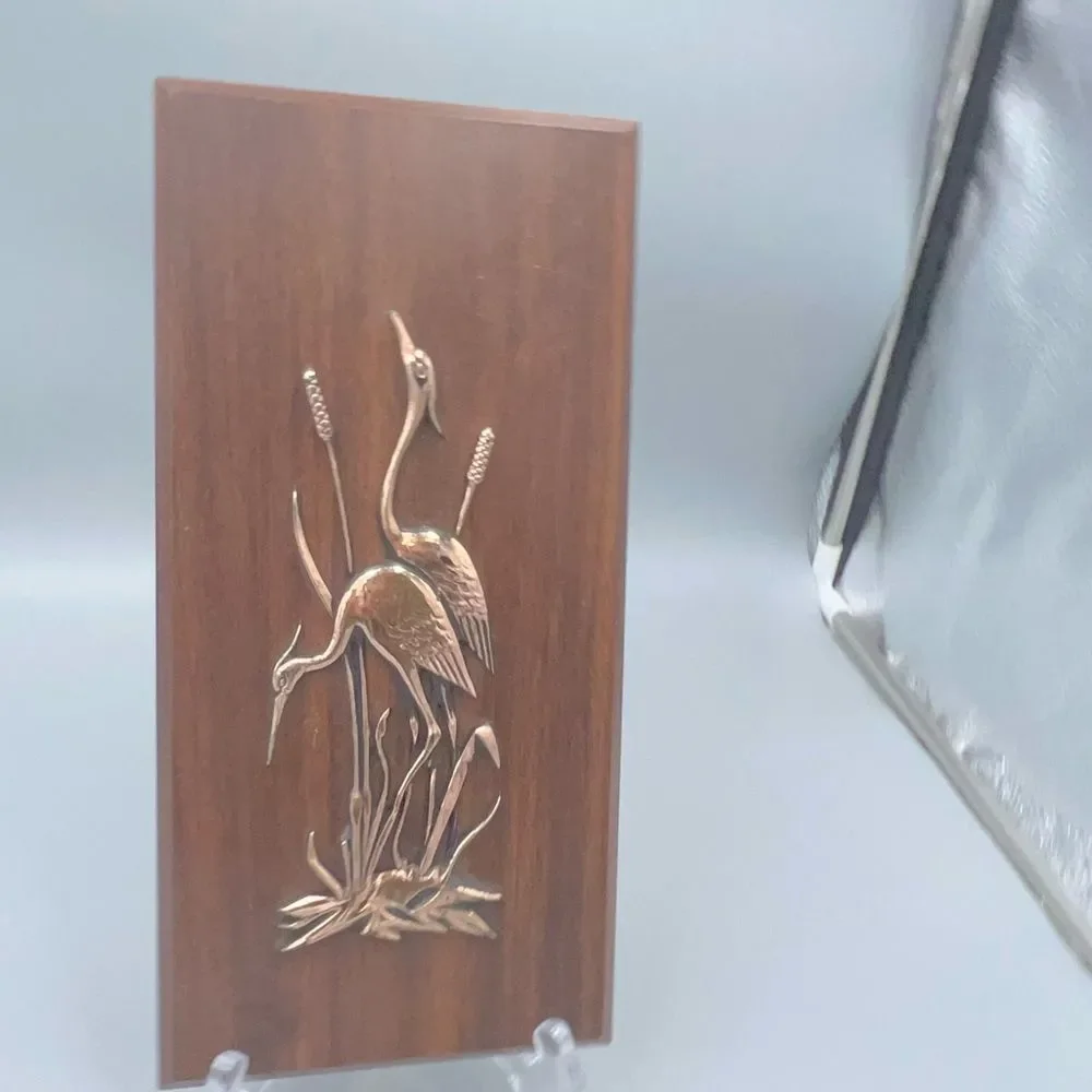 Vintage Wood Plaque with Brass Herons 60s mid century - Picture 5 of 5